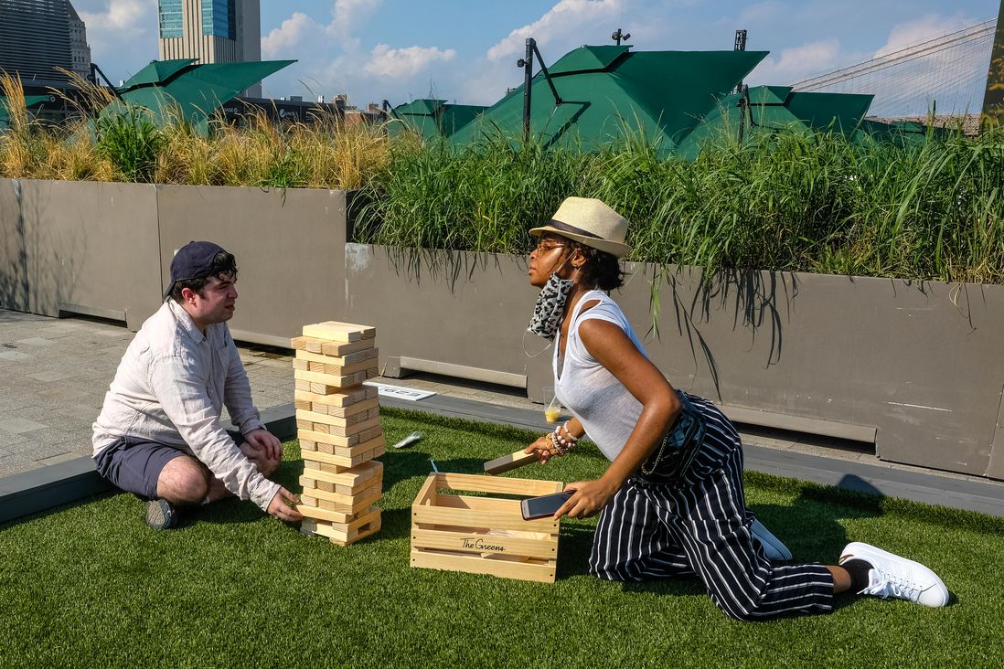 Jenga on the rooftop of Pier 17's mall